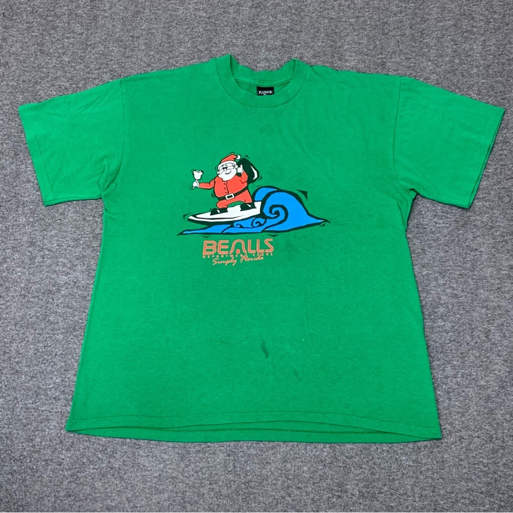 Vintage 90s Santa Surfing Bealls Outlet Christmas Green Tee Size XL